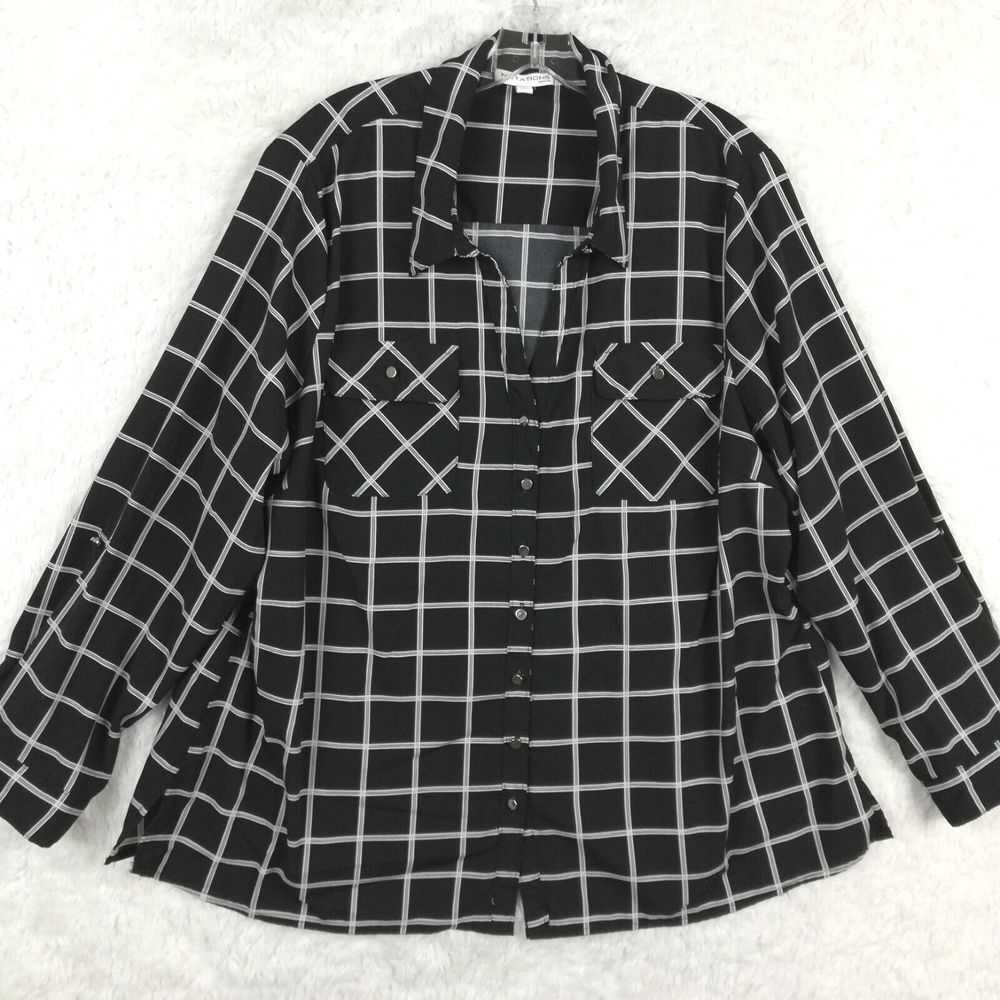 Notations Womens Shirt Button Up Black White Windowpane Plaid Plus Petite 3X